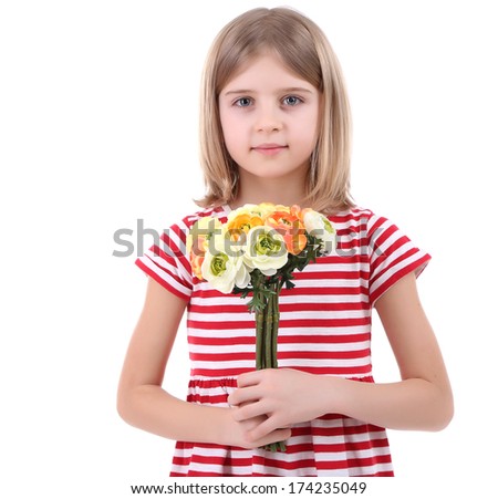 Beautiful little girl holding bouquet isolated on white