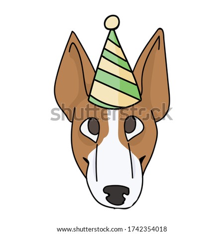 Cute cartoon bull terrier puppy face with party hat vector clipart. Pedigree kennel show dog lovers. Purebred domestic pooch for celebration illustration. Isolated canine puppy with snout. EPS 10. 