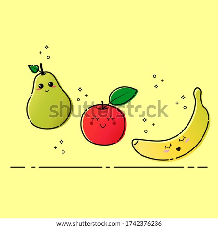 Cute kawaii fruits: red apple, yellow banana and green pear on a yellow background. Vector illustration.