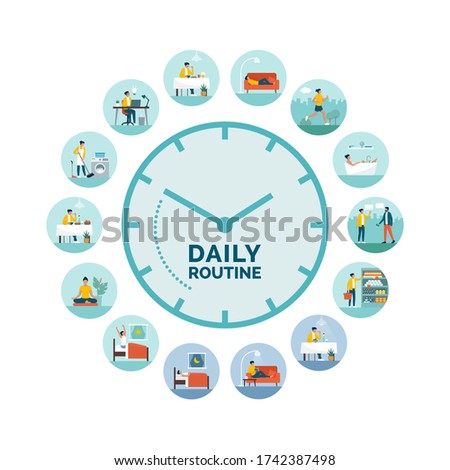Clock with daily activities routine: woman perfoming different tasks during day and night, healthy lifestyle and biological rhythms concept Royalty-Free Stock Photo #1742387498