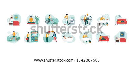 Daily routine, tasks and activities of an efficient happy woman, healthy lifestyle concept Royalty-Free Stock Photo #1742387507