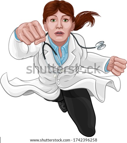 A Super hero woman doctor concept. A female medical healthcare professional as a superhero flying through the air. 