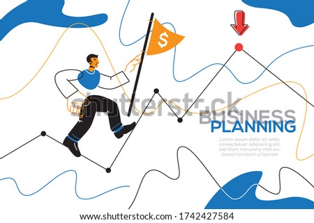 Business planning - colorful flat design style web banner with line elements and copy space for text. An illustration with a character, manager holding a flag. Goal achievement, strategy theme