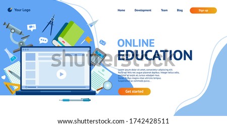Online education concept. Laptop, books, microscope, compasses, pen, video tutorial, web icons. Landing page background. Vector illustration in a flat style.