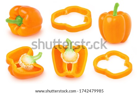 Set of orange Bell peppers isolated on a white background. Clip art image for package design.