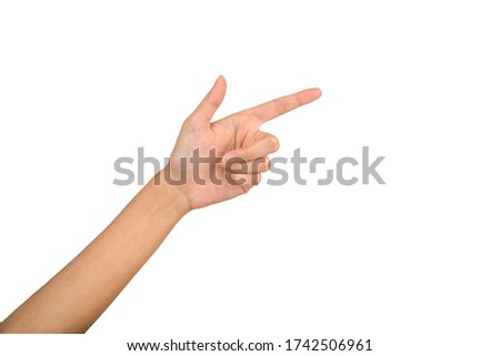 Hand isolated: Woman left hand pointing or displaying correct sign on white background and clipping path