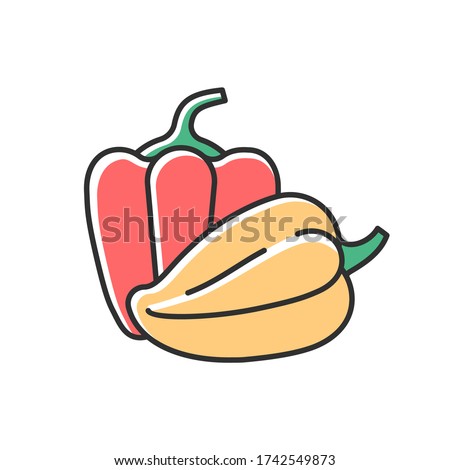 Capsicums RGB color icon. Bulgarian pepper to cook healthy food. Raw fresh vegetable to prepare recipe. Paprika from farmer market. Whole veggie. Vegan salad ingredient. Isolated vector illustration