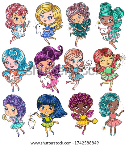 Tooth fairies in different poses. Set of hand drawn digital illustrations for cards, stickers, decorations, pillows