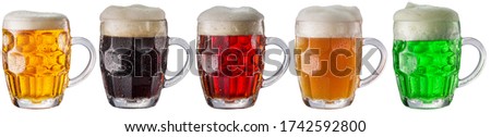 Collection of five types of different beer in glasses isolated on a white background. Each beer glass contains a clipping path.