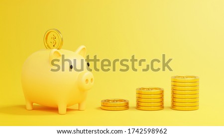 Money Savings Concept, Putting a coin into Piggy bank with stack of golden coins, 3d rendering