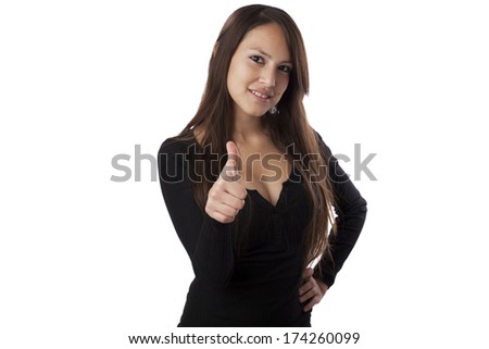Young woman thumb up on white background