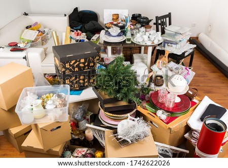 Messy room full of clutter and junk - Compulsive hoarding. Hoarding disorder. Royalty-Free Stock Photo #1742622026