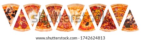 Set of delicious traditional pizza slices isolated on white background, top view. Tasty fresh italian pizza, food delivery Royalty-Free Stock Photo #1742624813