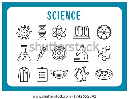 Science line icon set, lab equipment clip art, coronavirus, DNA, proton, test tubes, nuclear symbol, beaker, mask, microscope, vaccine shot, atom, etc, vector illustrations, graphic design collection.
