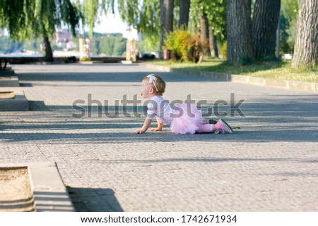 Cute smiling baby girl on all fours in pink tutu plays on an asphalt path in the park