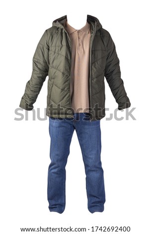 hakki jacket with zipper,beige  shirt and blue jeans isolated on white background. casual fashion clothes