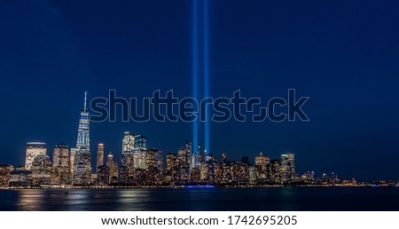 9/11 memorial nyc skyline from NJ Royalty-Free Stock Photo #1742695205