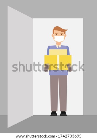 Delivery of goods during the prevention of coronovirus, Covid-19. Courier in a face mask with a box in his hands. Vector flat illustration.
