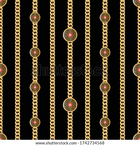 Seamless pattern of small golden chains on black background. Repeat design ready fabric, prints, textile.