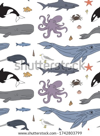 Vector seamless pattern of colored hand drawn doodle sketch sea animals and fish isolated on white background
