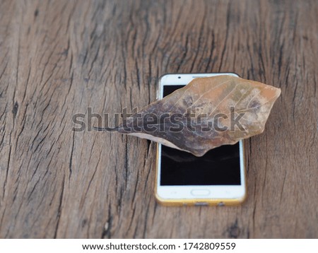 Dry leaves on the phone on the old wooden background,out of focus in picture