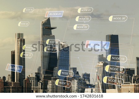 Multi exposure of abstract software development hologram on New York city skyscrapers background, research and analytics concept