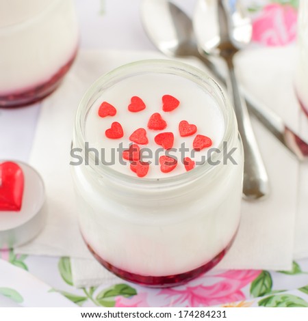 Natural Yoghurt with Raspberry Jam, Romantic Valentine's Day Healthy Breakfast for Two, copy space for your text, square