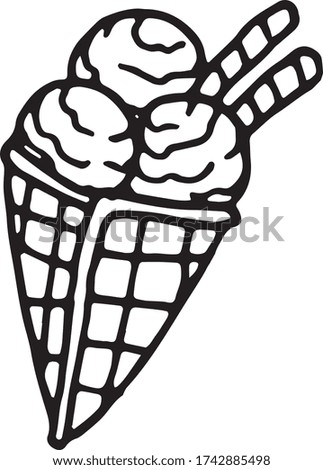 Hand drawn vector ice cream. Doodle style. Black outline isolated on white. Design for greeting cards, scrapbooking, textile, wrapping paper, cafe or restaurant menu, food infographic.