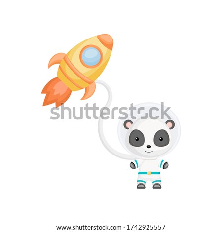 Cute little panda astronaut flying in open space. Graphic element for childrens book, album, scrapbook, postcard, invitation. Flat vector stock illustration isolated on white background.