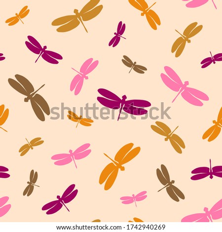 Seamless pattern with colorful dragonflies. Colored elements oyn a beige background. Stock vector illustration. Great, creative idea for modern designs backdrops, cards, textiles, packings, fabric.