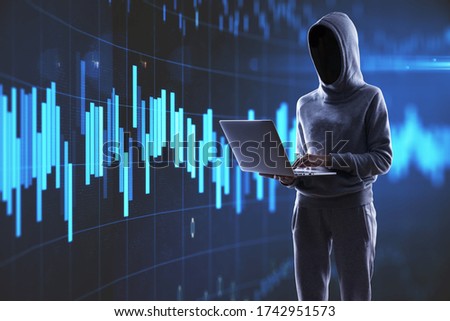 Hacker using laptop with abstract forex and big data interface. AI and trade concept. Multiexposure