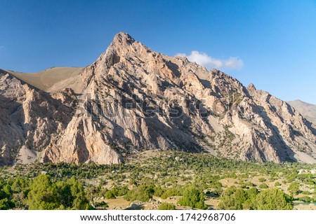 The Pamir range view and peaceful campsite on Kulikalon lake in Fann mountains in Tajikistan