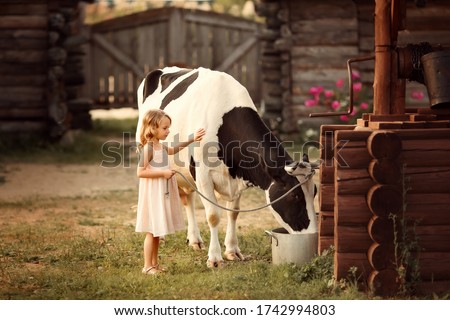 A little girl in the village is feeding a cow from a large pot. Image with selective focus. Royalty-Free Stock Photo #1742994803