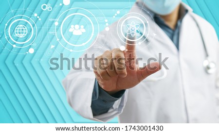 Doctor touching digital icon medical interface, medical technology network concept