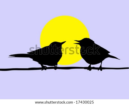 vector drawing two birds sitting on branch on background sun