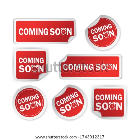 Red coming soon sticker on white background for promotion design. Vintage label. Round button. Vector icon. Royalty-Free Stock Photo #1743012317