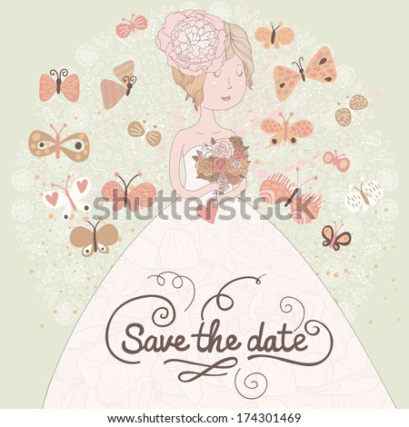 Gentle romantic wedding invitation card with beautiful bride and butterflies. Vector save the date background. Young brunette woman with wedding flowers.