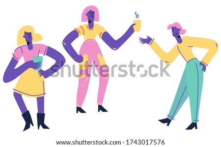 Girls drinking coffee. Concept coffee break, coffee shop, communication and relaxation. Flat Cartoon Vector Illustration. Clip art