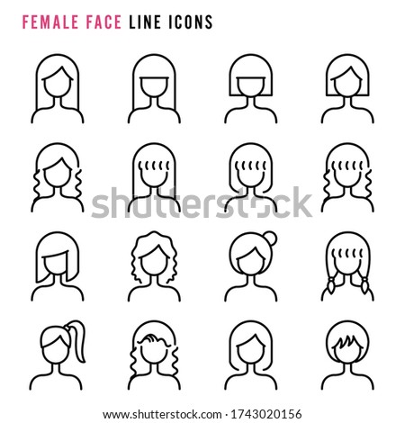 Female face line icons, Pixel perfect of female face line icons, Set of simple female face sign line icons, Cute cartoon line icons set, Vector illustration  Royalty-Free Stock Photo #1743020156