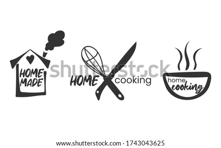 Set of hand drawn simple kitchen phrases - homemade,with love, home cooking, cooked with love. Badges, labels and logo elements, retro symbols for bakery shop, cooking club, cafe, or home cooking. Royalty-Free Stock Photo #1743043625