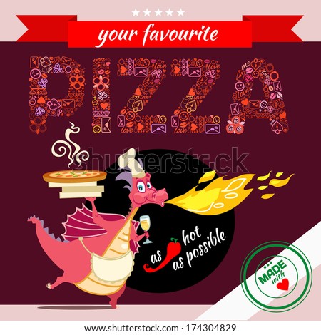 The funny dragon cooking tasty pizza. Vector illustration with cute cartoon character.