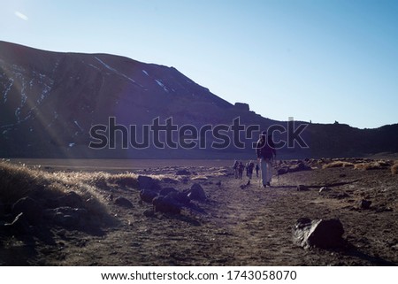 People walking on the moonlike terrain of South Crater on the Tongariro Alpine Crossing