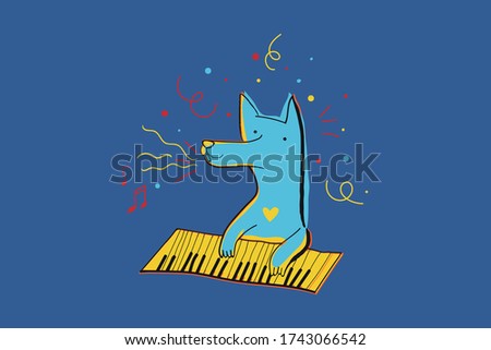 Vector illustration with happy dog playing piano surrounded by confetti. Greeting card for the holiday and party.