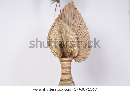 Dry palm leaf and dry pampas in big rope vase. Studio photo decoration.