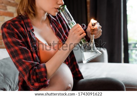 cropped view of pregnant woman holding lighter near bong with legal cannabis in living room Royalty-Free Stock Photo #1743091622
