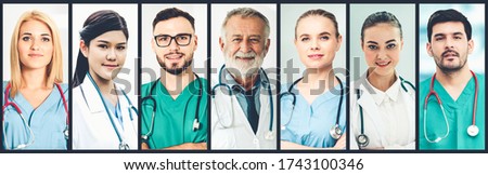 Doctor, nurse and medical staff portrait face photo banner set in concept of hospital people fighting 2019 coronavirus disease or COVID-19 pandemic outbreak.