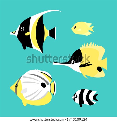 Tropical fish icon set on turquoise background, animals of coral reef 