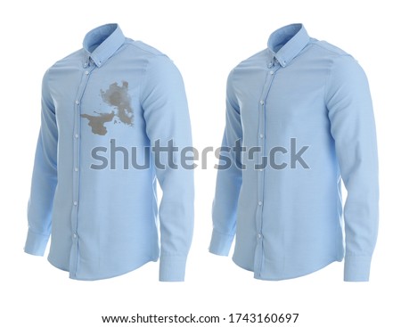 Stylish shirt before and after dry-cleaning on white background Royalty-Free Stock Photo #1743160697