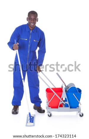 Portrait Of Happy Cleaner Cleaning With Mop Over White Background