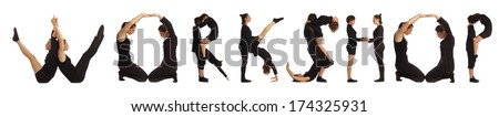 Black dressed people forming WORKSHOP word over white Royalty-Free Stock Photo #174325931